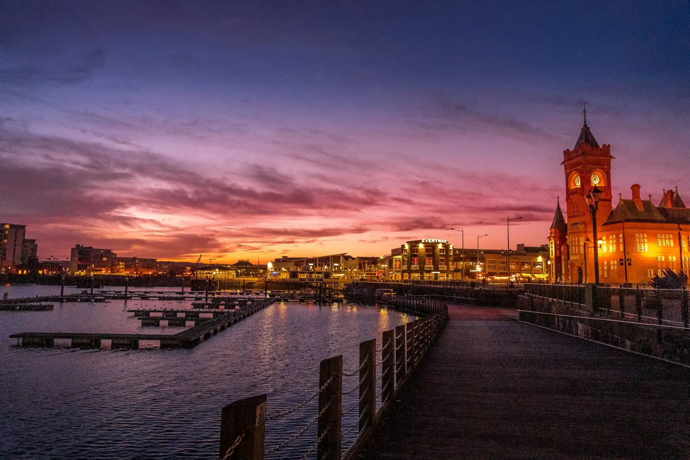 Cardiff Bay waterfront at dusk