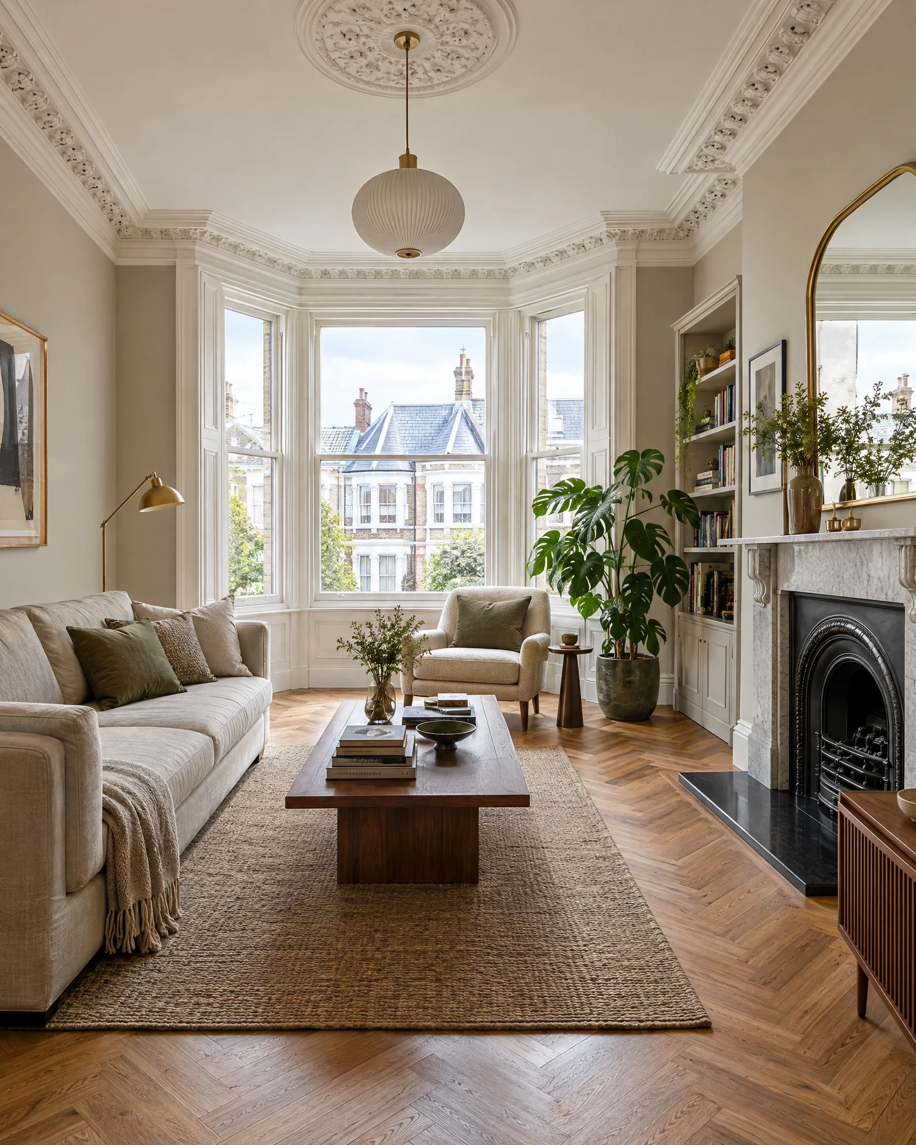 A professionally photographed bay-windowed living room in a Victorian home