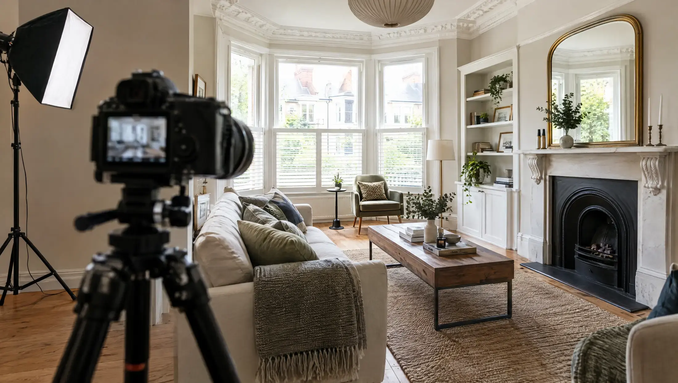 A camera on a tripod photographing a styled living room with a bay window and fireplace