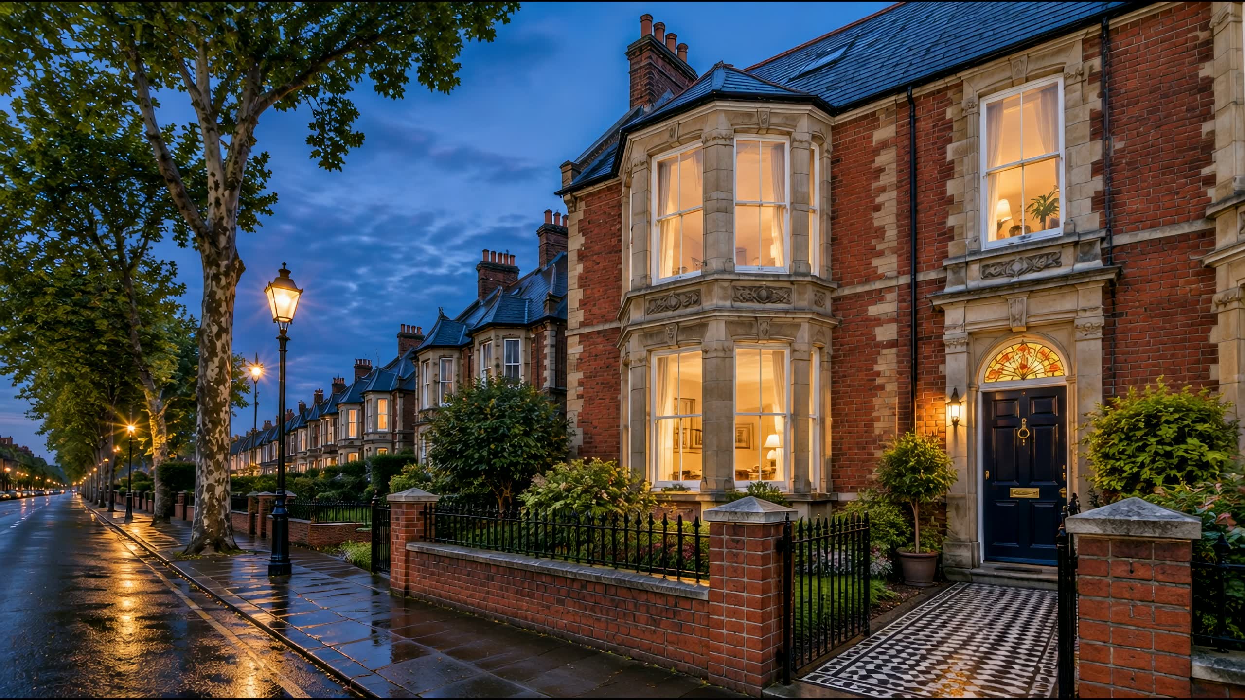 A Victorian bay-fronted house on a tree-lined Cardiff street at dusk, its windows lit warmly
